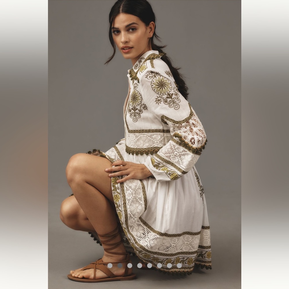 ☀️Rare☀️Anthropologie Maeve Embroidered White and Green Tiered Mini Dress